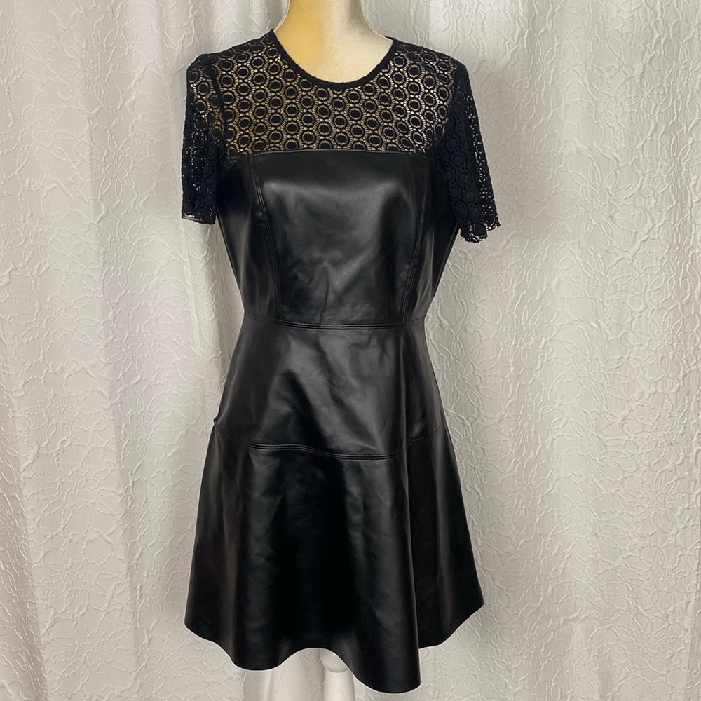 AQUA Black Leather (Faux) and Lace Rock Mini Dress - L